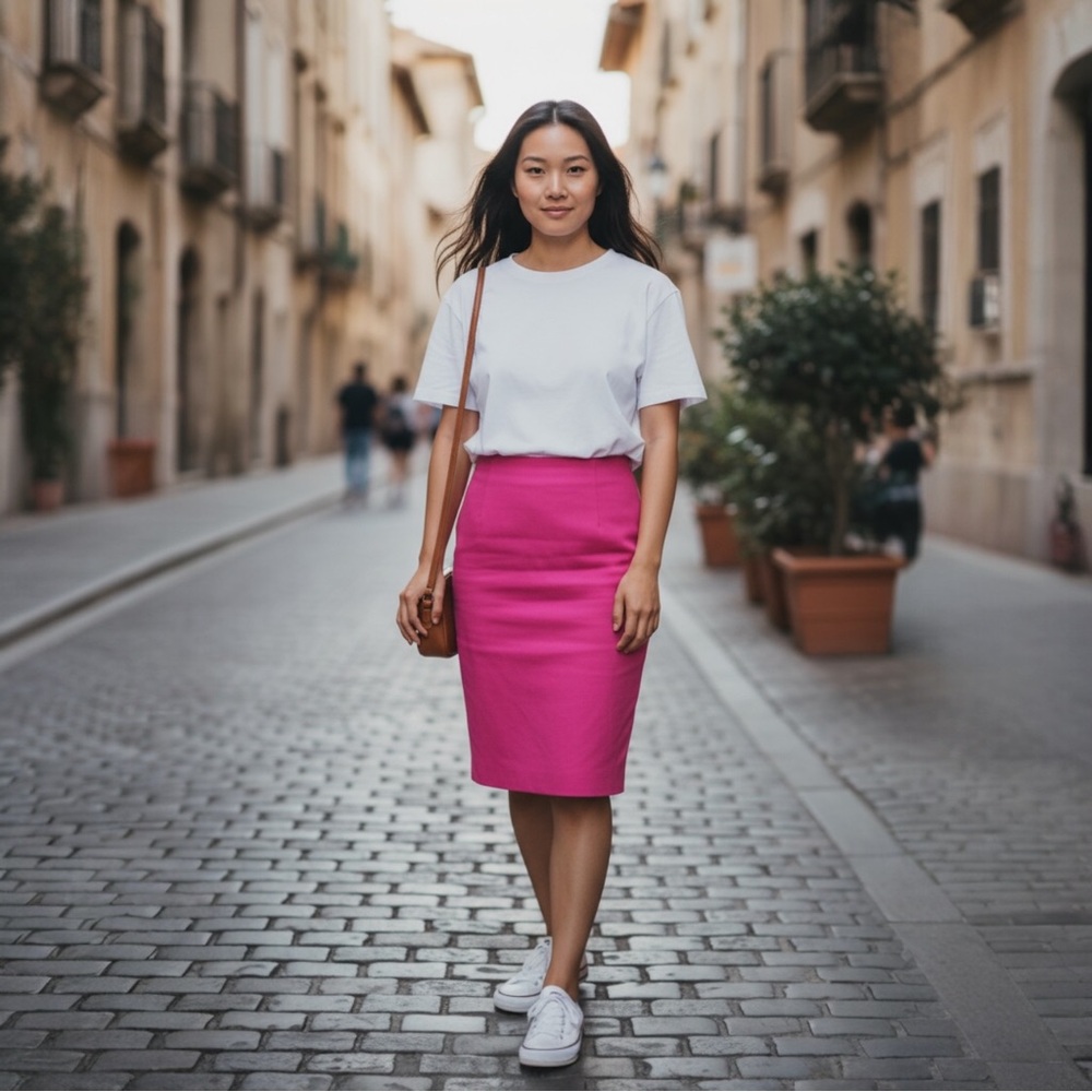 NWT Marbled Pull On Sweater Knit Classic Pencil Skirt‎ Women’s SZ Large Fuchsia